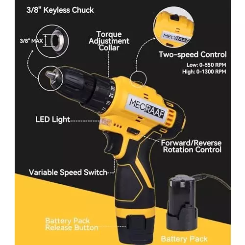 MECRAAF Cordless Drill Machine Cum Screwdriver with Charger & Battery Kit 12 V 1300 RPM Speed 10 mm Chuck Yellow & Black, MC-1210