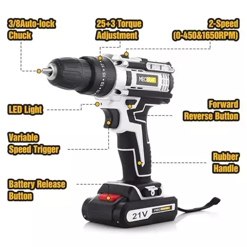 MECRAAF Cordless Drill Machine Cum Screwdriver with Charger & Battery Kit 21 V 1350 RPM Speed 10 mm (Keyless) Chuck Black, 21V-GREY KIT