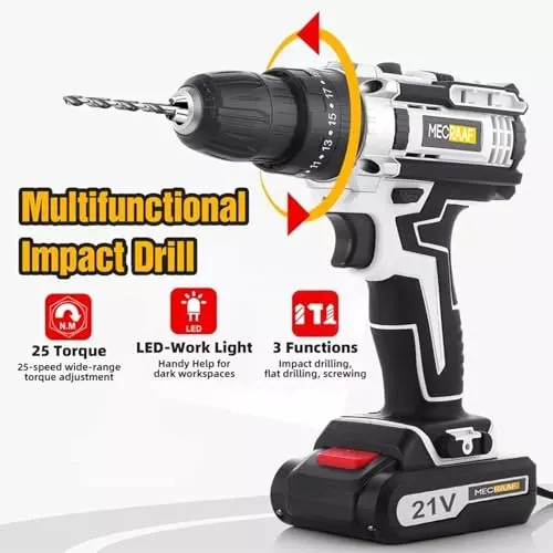 MECRAAF Cordless Drill Machine Cum Screwdriver with Charger & Battery Kit 21 V 1350 RPM Speed 10 mm (Keyless) Chuck Black, 21V-GREY KIT