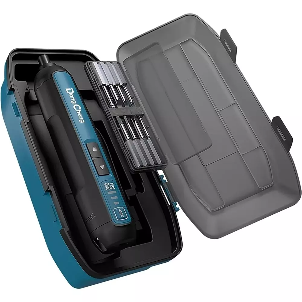 dongcheng-4-v-cordless-screwdriver-635-mm-hex-clamping-capacity-5-nm-maximum-torque-and-300-rpm-no-load-speed-dcpl04-5-type-e-with-type-c-cable-drive-bit-set