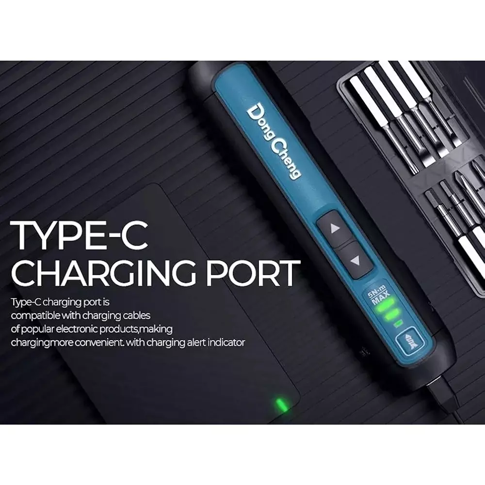 dongcheng-4-v-cordless-screwdriver-635-mm-hex-clamping-capacity-5-nm-maximum-torque-and-300-rpm-no-load-speed-dcpl04-5-type-e-with-type-c-cable-drive-bit-set