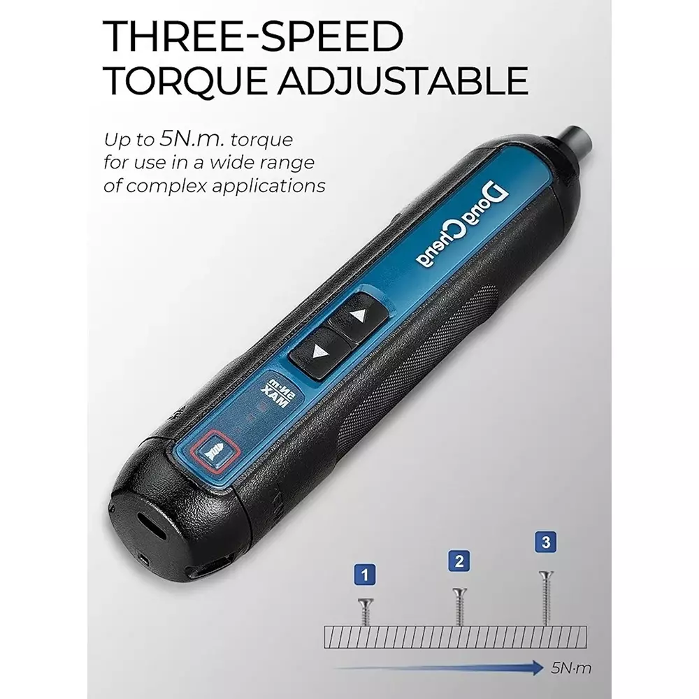 dongcheng-4-v-cordless-screwdriver-635-mm-hex-clamping-capacity-5-nm-maximum-torque-and-300-rpm-no-load-speed-dcpl04-5-type-e-with-type-c-cable-drive-bit-set