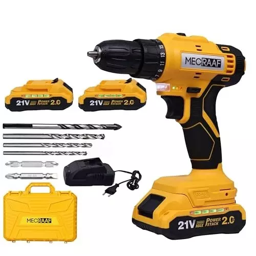 MECRAAF Cordless Drill Machine Cum Screwdriver with Charger & Battery Kit 21 V 1350 RPM Speed 10 mm Chuck Yellow & Black, MC-2110 KIT