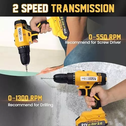 MECRAAF Cordless Drill Machine Cum Screwdriver with Charger & Battery Kit 21 V 1350 RPM Speed 10 mm Chuck Yellow & Black, MC-2110 KIT