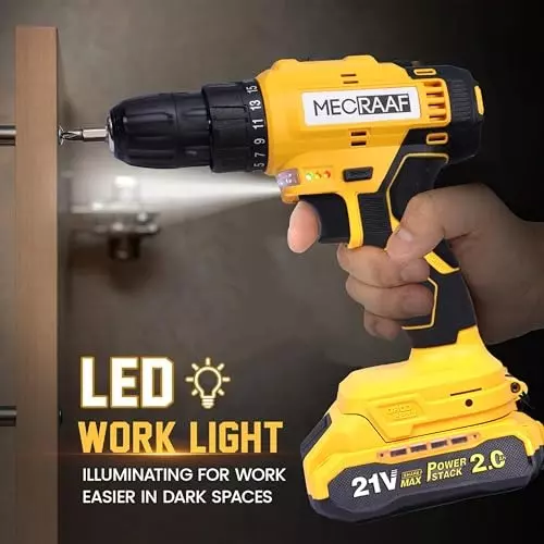 MECRAAF Cordless Drill Machine Cum Screwdriver with Charger & Battery Kit 21 V 1350 RPM Speed 10 mm Chuck Yellow & Black, MC-2110 KIT