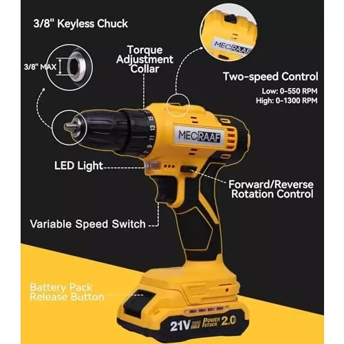 MECRAAF Cordless Drill Machine Cum Screwdriver with Charger & Battery Kit 21 V 1350 RPM Speed 10 mm Chuck Yellow & Black, MC-2110 KIT