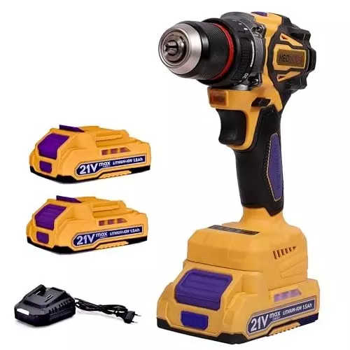 MECRAAF Brushless Cordless Drill with Charger & Battery 21 V 2000 RPM Speed 10 mm (Keyless) Chuck Yellow & Black, 21V BLD HS