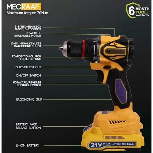 MECRAAF Brushless Cordless Drill with Charger & Battery 21 V 2000 RPM Speed 10 mm (Keyless) Chuck Yellow & Black, 21V BLD HS