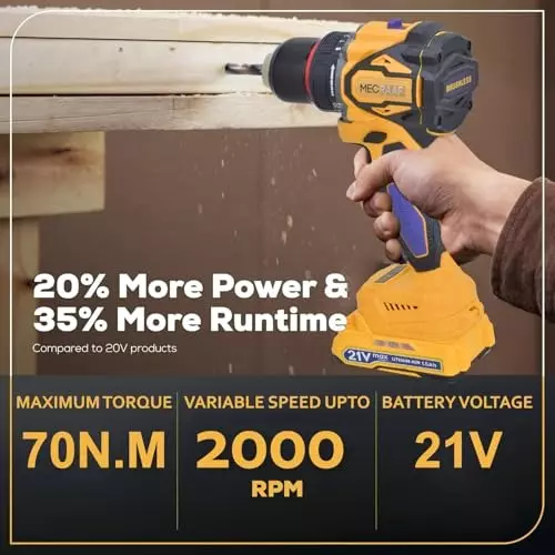 MECRAAF Brushless Cordless Drill with Charger & Battery 21 V 2000 RPM Speed 10 mm (Keyless) Chuck Yellow & Black, 21V BLD HS