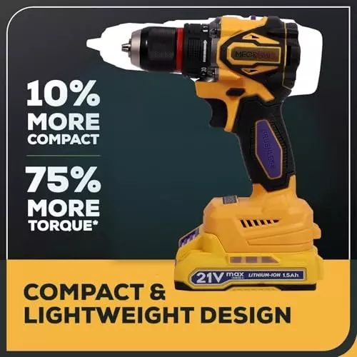 MECRAAF Brushless Cordless Drill with Charger & Battery 21 V 2000 RPM Speed 10 mm (Keyless) Chuck Yellow & Black, 21V BLD HS
