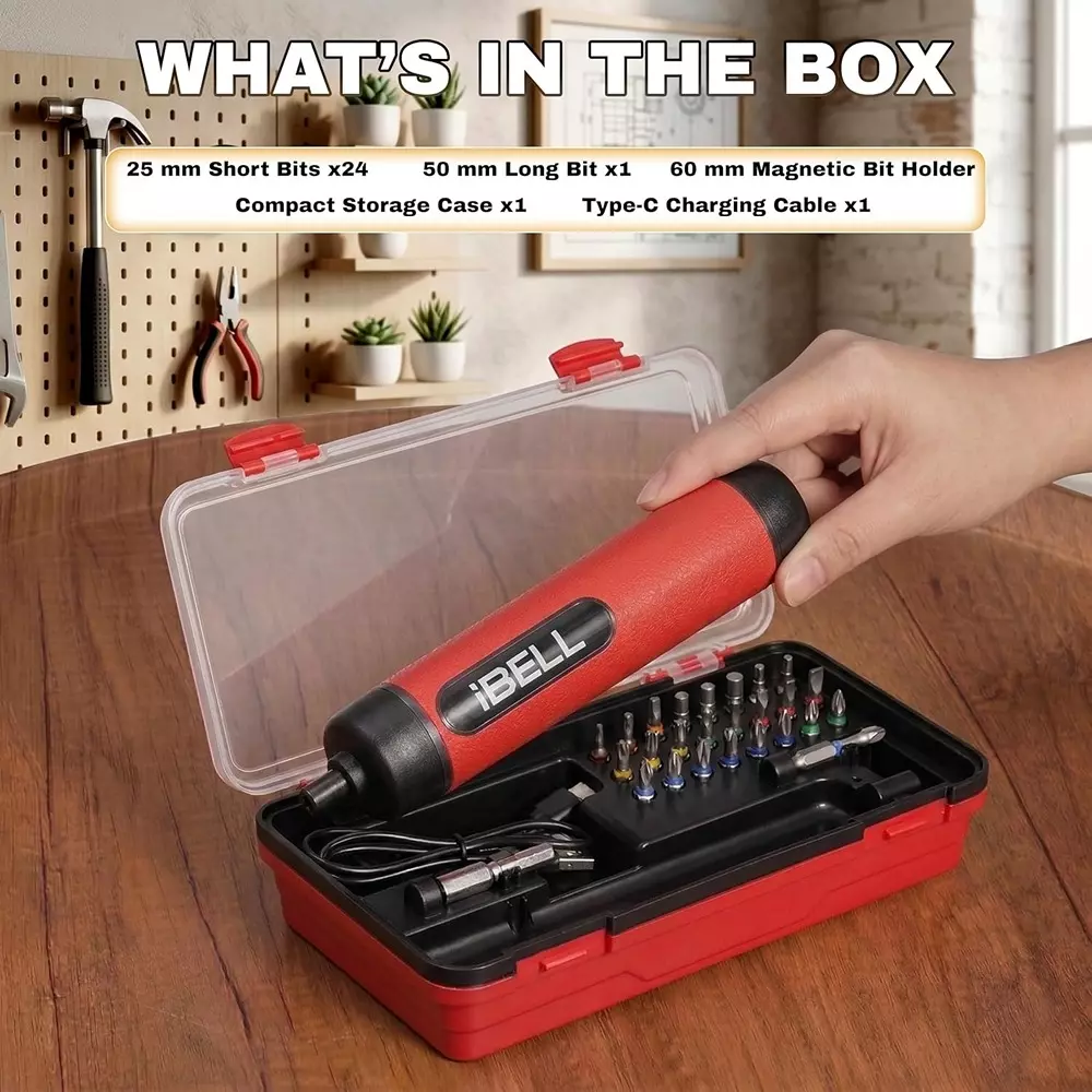 ibell-one-power-series-cordless-screwdriver-set-10-nm-maximum-torque-with-27-pcs-wood-screws-metal-screws-ibl-es36-15r