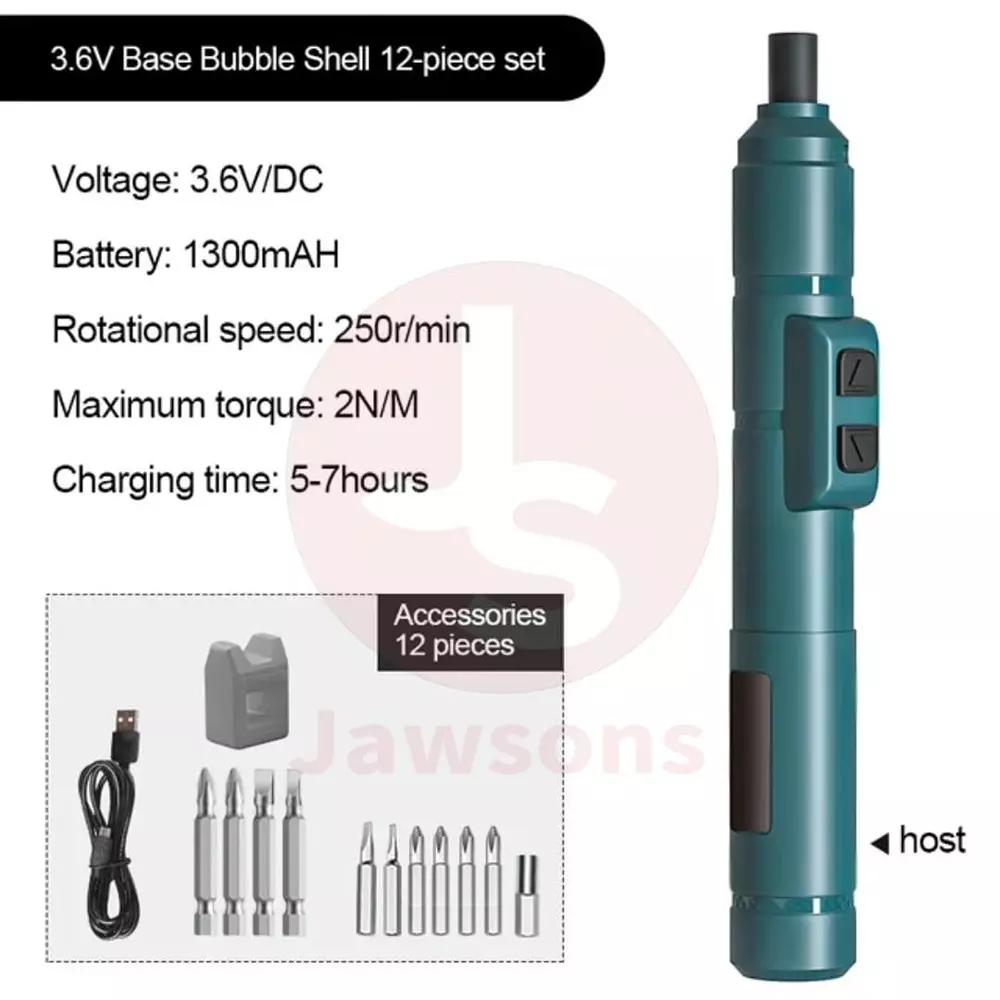 Jawsons Cordless Screwdriver 3.6 V DC with 1300 mAh Rechargeable Battery, Interchangeable Bits and Cable, ‎CRDLS-SCRDR-RCG