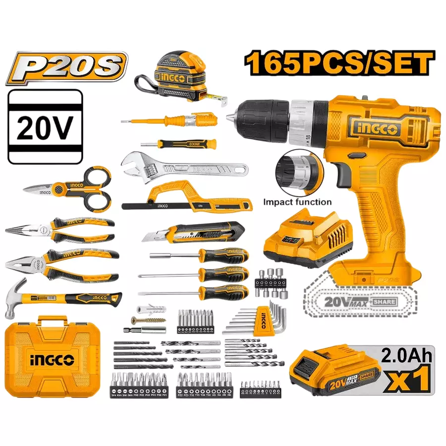 Ingco Cordless Impact Drill 22500 BPM Maximum Impact Rate with With 165 Pcs Tools Set, Battery and Charger, HKTHP11651
