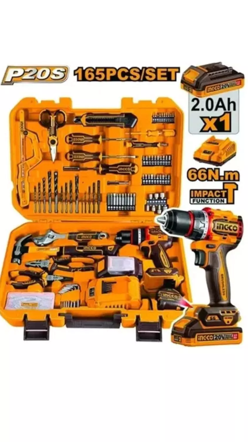 Ingco Cordless Impact Drill 22500 BPM Maximum Impact Rate with With 165 Pcs Tools Set, Battery and Charger, HKTHP11651