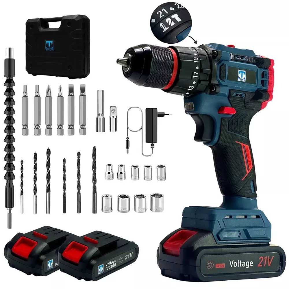 XLNT 21 V Cordless Impact Drill Kit 350-1350 RPM No Load Speed and 10 mm Drill Diameter, THCIDK1502 (With Battery & Charger)