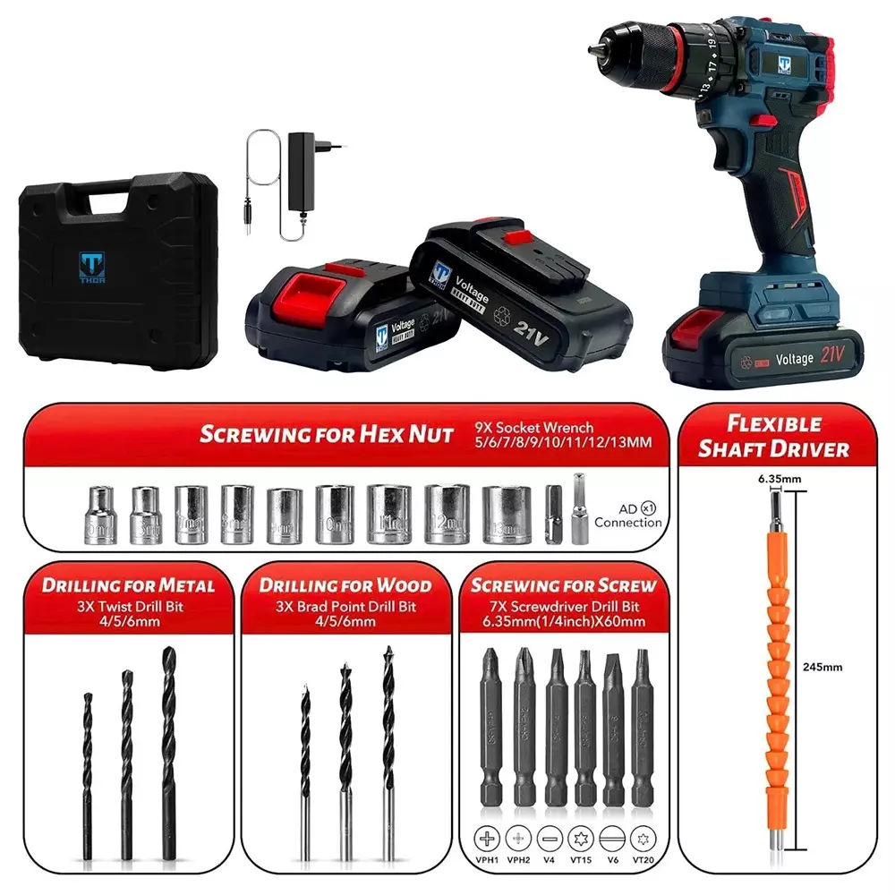 xlnt-21-v-cordless-impact-drill-kit-350-1350-rpm-no-load-speed-and-10-mm-drill-diameter-thcidk1502-with-battery-charger