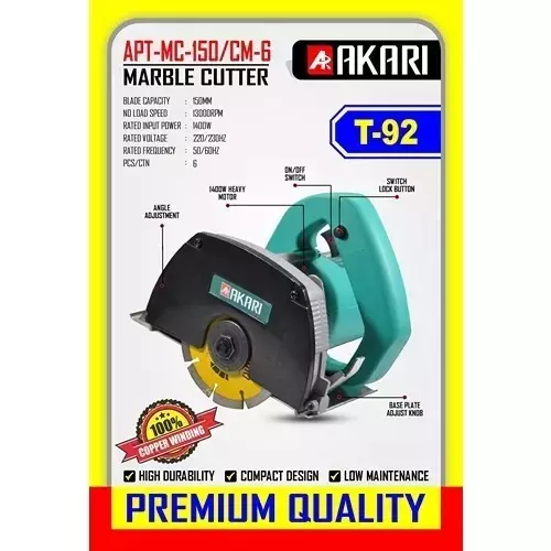 Akari Marble Cutter 1400 W Power, 13000 RPM No Load Speed and 6 inch (150 mm) Wheel Diameter, APT-MC-150-CM-6 (Without Cutting Wheel)