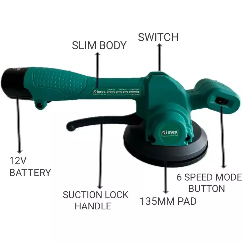 Aimex Cordless Tile Vibrator 12 W Rated Wattage 135 mm Width 50 Kg with 2 Battery  Of 12 V 1.5 AH With Charger, DT-135