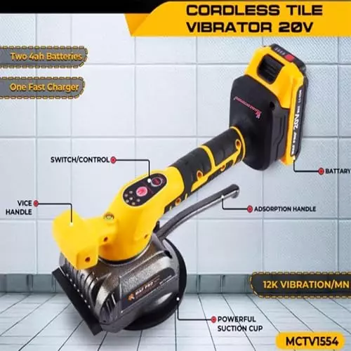 Malfah Enterprises Tile Vibrator With Suction Cup 4 Ah Lithium Battery 5 Speed Adjustable Yellow & Black, MCTV1554 New