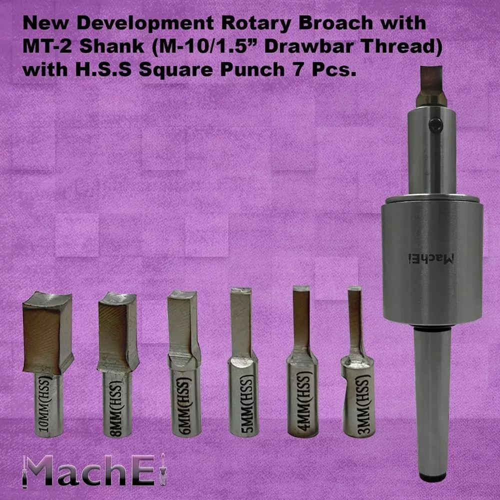 MachEl MT2 Shank Rotary Broach Set with 7 HSS Square Punches, M10 x 1.5 mm Drawbar Thread