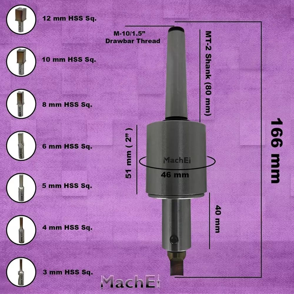 MachEl MT2 Shank Rotary Broach Set with 7 HSS Square Punches, M10 x 1.5 mm Drawbar Thread