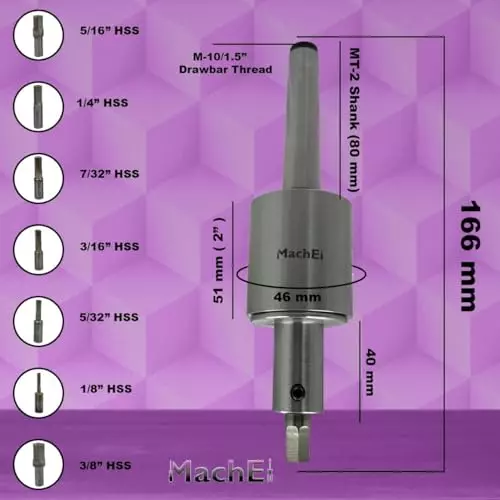 MachEl MT2 Shank Rotary Broach Set with 7 HSS Hex Punches M10x1.5 mm Drawbar Thread (MT2-Hex)