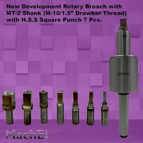 MachEl MT2 Shank Rotary Broach Set with 7 HSS Square Punches M10x1.5 mm Drawbar Thread (MT2-Square)