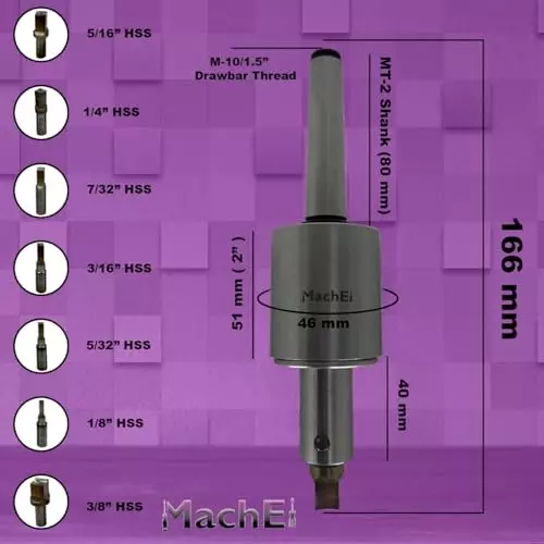 MachEl MT2 Shank Rotary Broach Set with 7 HSS Square Punches M10x1.5 mm Drawbar Thread (MT2-Square)