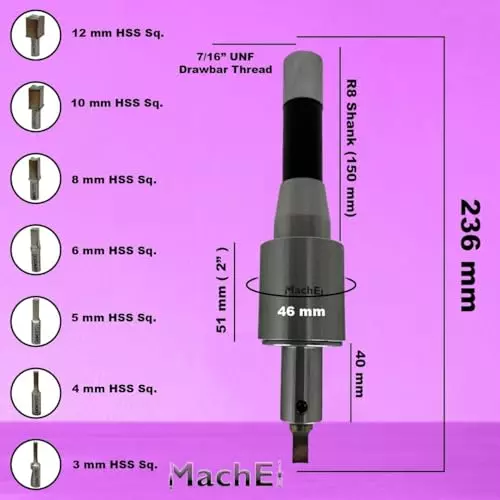 MachEl R8 Shank Rotary Broach Set 7/16 (11.112 mm) Drawbar) with 7 HSS Square Punches