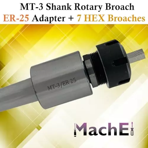 MachEl Precision MT3 Rotary Broach Set ER25 Adapter and 7 Hex Punches
