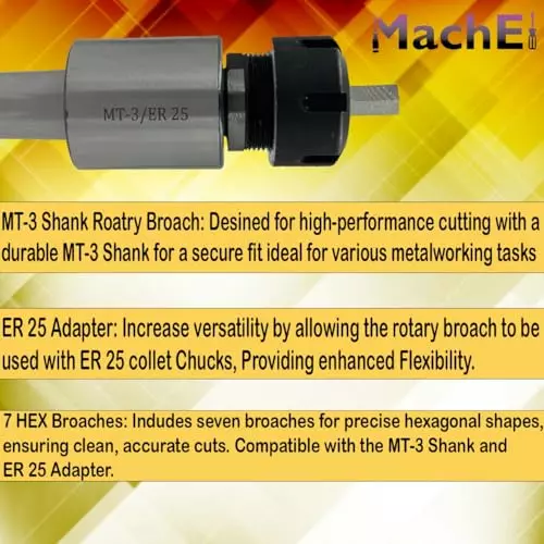 MachEl Precision MT3 Rotary Broach Set ER25 Adapter and 7 Hex Punches
