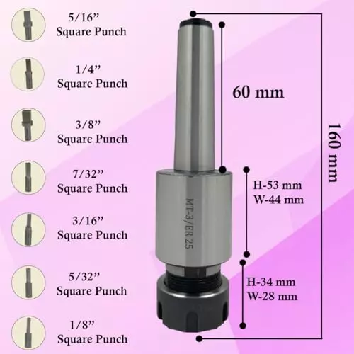 MachEl MT3 Shank Rotary Broach with ER25 Adapter and 7 Square Punches Precision Machining Kit