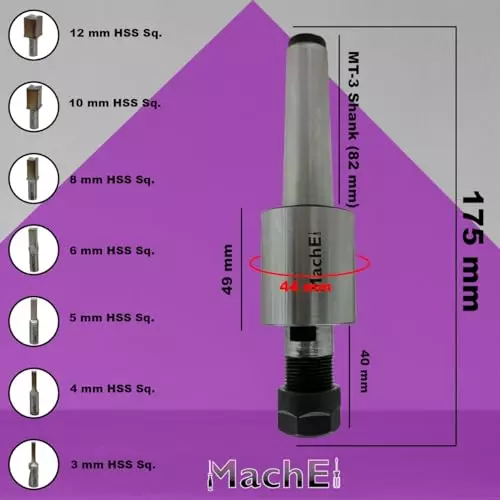 MachEl MT3 Shank Rotary Broach with ER16 Adaptor and 7 Square Broaches