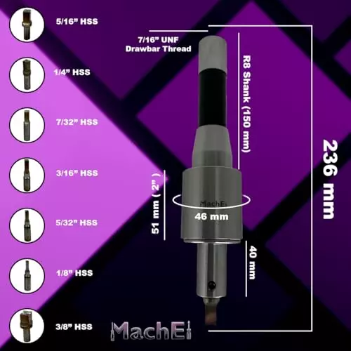 MachEl R8 Shank Rotary Broach Set with 7 HSS Square Punches (R8-Square)