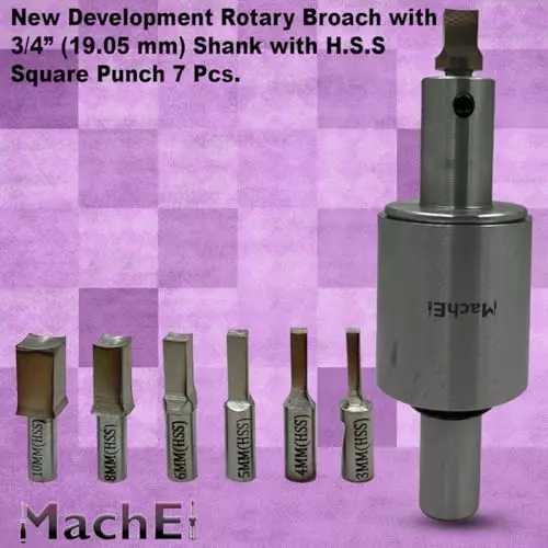 MachEl 3/4 inch (19.05 mm) Straight Shank Rotary Broach Set with 7 HSS Square Punches