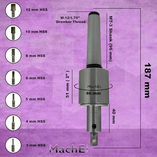 MachEl MT3 Shank Rotary Broach Set with 7 HSS Hex Punches, M12 x 1.75 mm Drawbar Thread