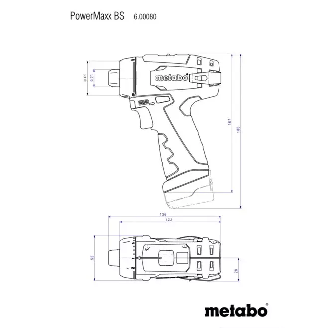 Metabo Cordless Driver Drill with Double 12 V LiPOWER  Battery 1 - 10 mm Chuck Capacity 1400 RPM, PowerMaxx BS Basic (Without Drill Bit)