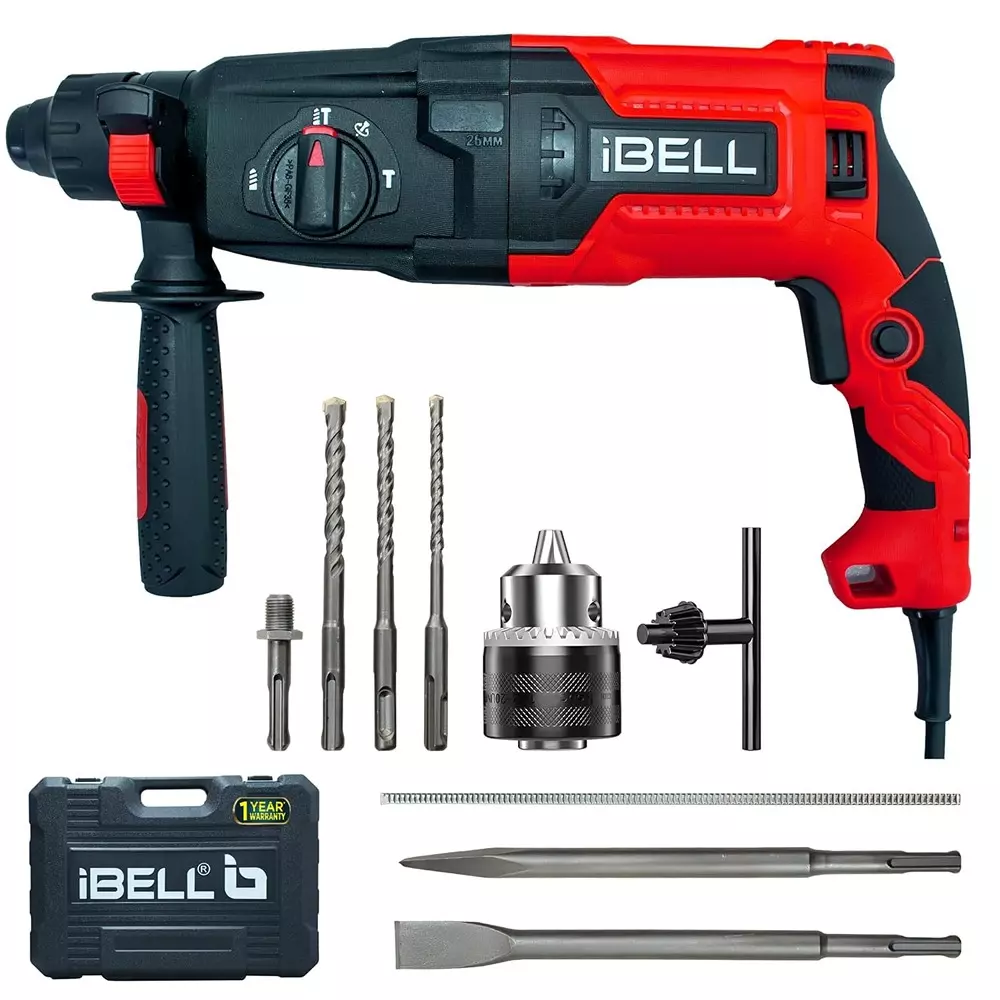 IBELL Rotary Hammer Drill 0-900 RPM No Load Speed 850 W Power 3J Impact Energy with Accessories, RH 26-82