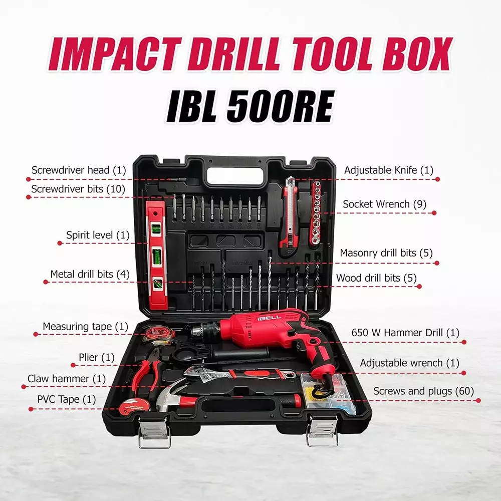 ibell-impact-drill-tool-box-0-2800-rpm-no-load-speed-13-mm-chuck-size-650-w-power-with-accessories-ibl-500re