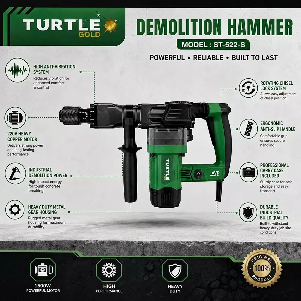 turtle-gold-demolition-hammer-green-2100-w-power-9-amp-rated-power-for-industrial-use-st-522s