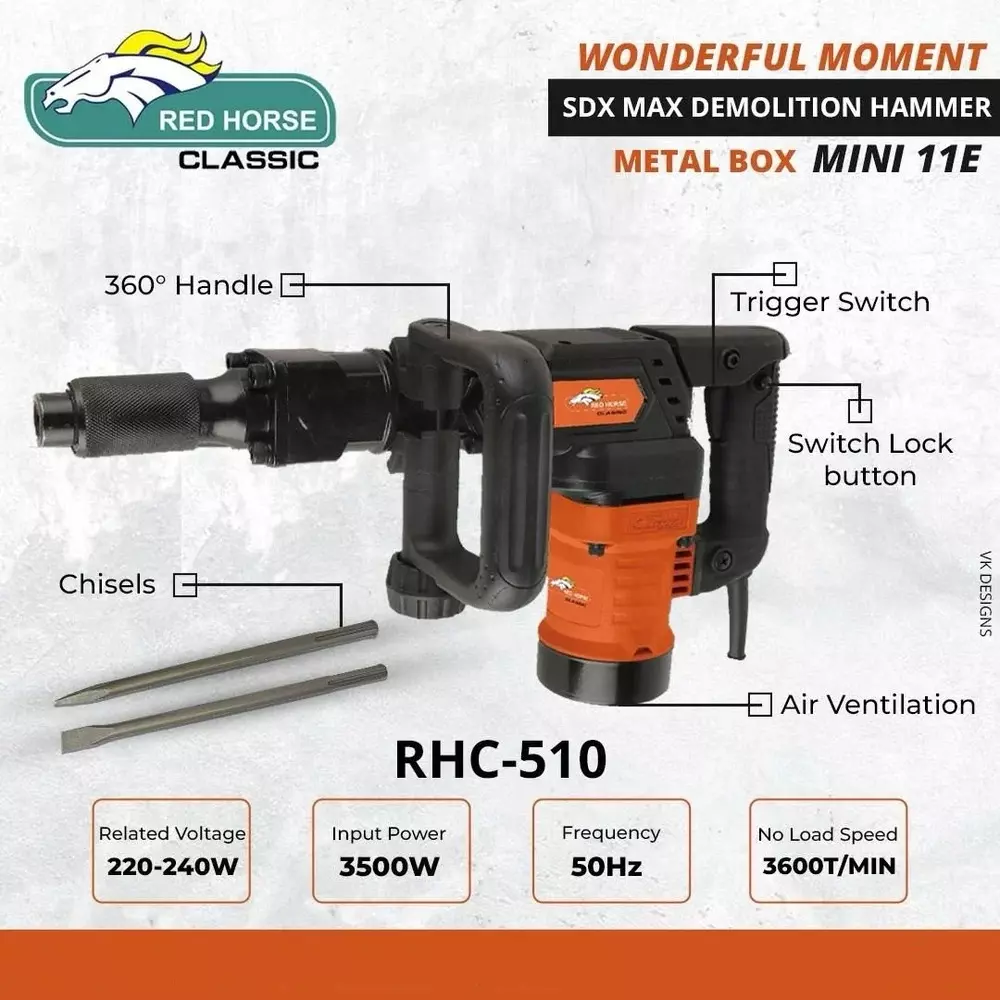 red-horse-3500-w-demolition-hammer-15-18-j-impact-energy-and-3600-rpm-no-load-speed-rhc-510-with-2-chisels