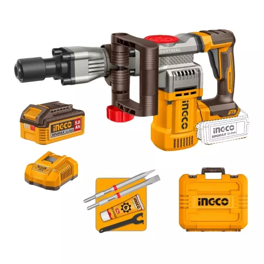 Ingco Cordless Demolition Breaker 16 J Impact Energy 20 V Brushless Motor 0-3200 BPM Impact Rate, CDBLI203582 (with Battery & Charger)