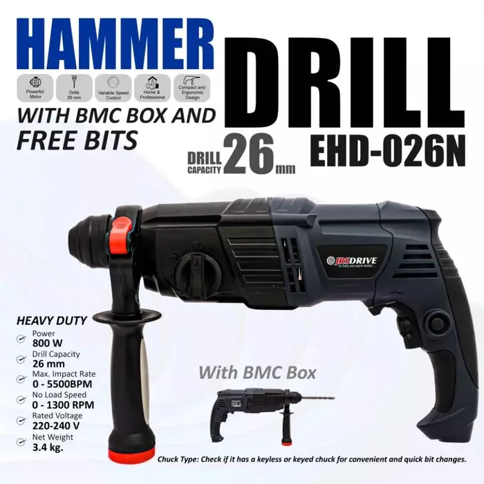eastman-tools-800-w-rotary-hammer-drill-5500-bpm-impact-rate-and-26-mm-drilling-capacity-ehd-026n-with-2-chisels-and-3-drills