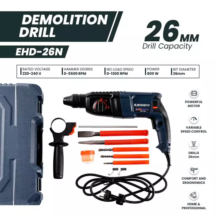 eastman-tools-800-w-rotary-hammer-drill-5500-bpm-impact-rate-and-26-mm-drilling-capacity-ehd-026n-with-2-chisels-and-3-drills