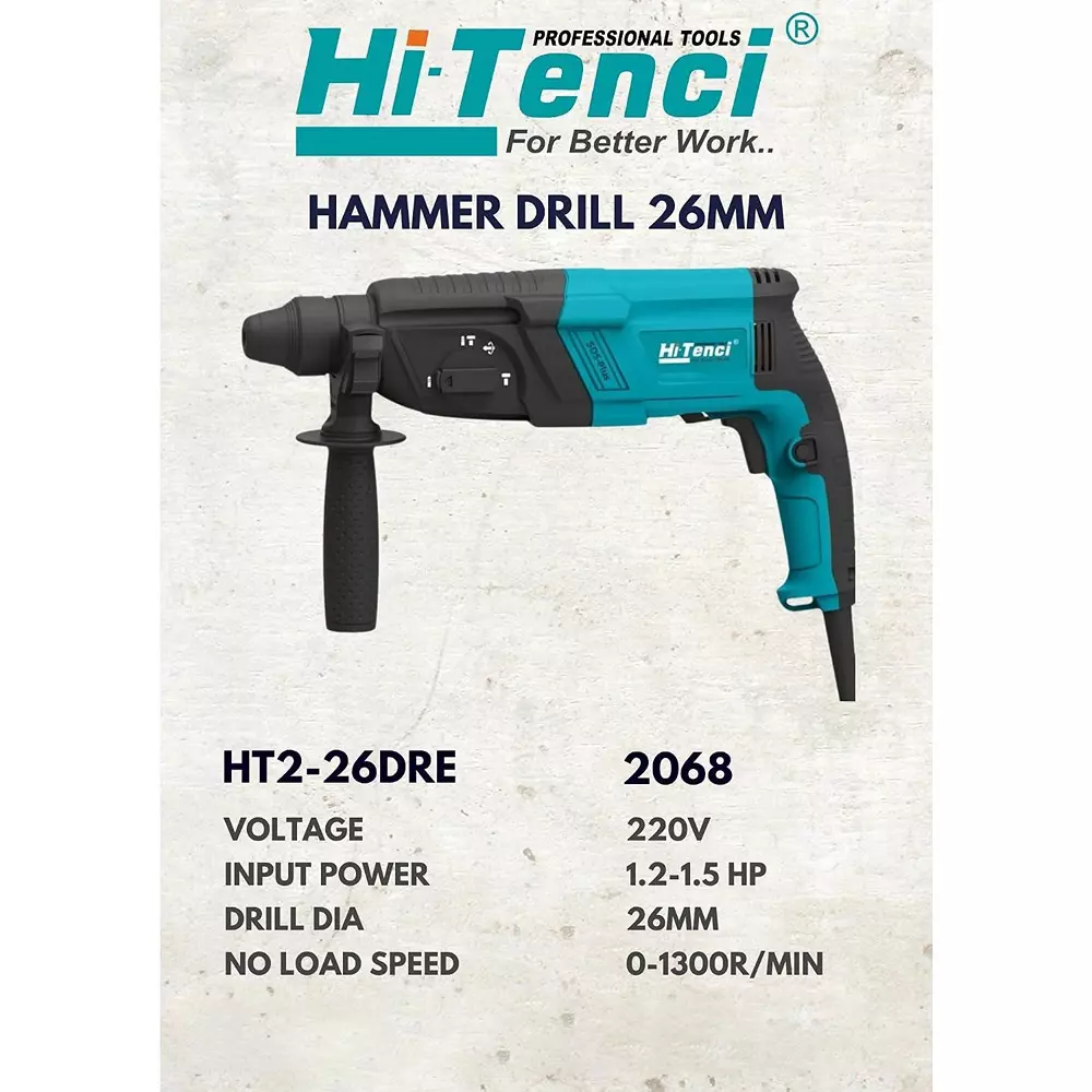 hi-tenci-12-15-hp-hammer-drill-with-0-1300-rpm-no-load-speed-and-26-mm-drill-diameter-ht-2-26dre-without-drill-bits