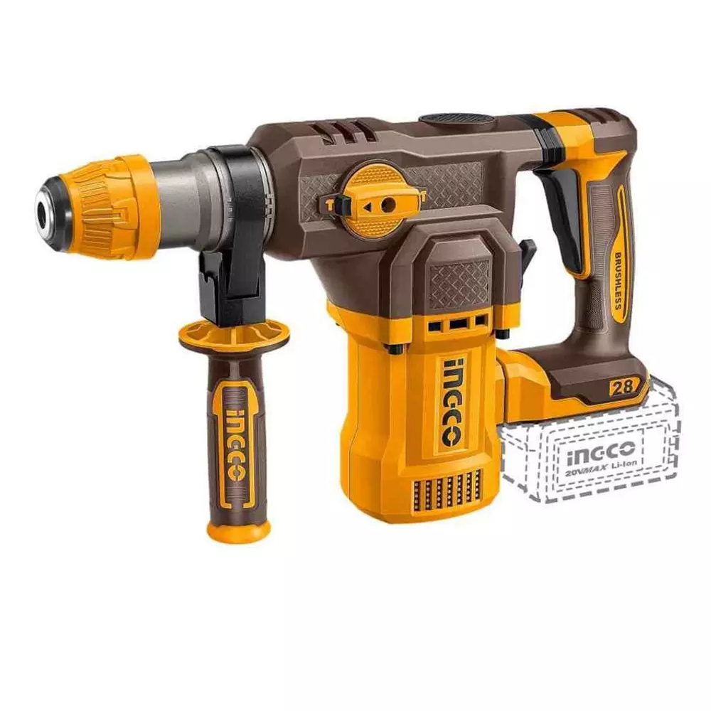 Ingco Cordless Rotary Hammer 0-930 RPM Speed 0-4400 bpm Impact Rate Brushless Motor, CRHLI202862 (with Battery)