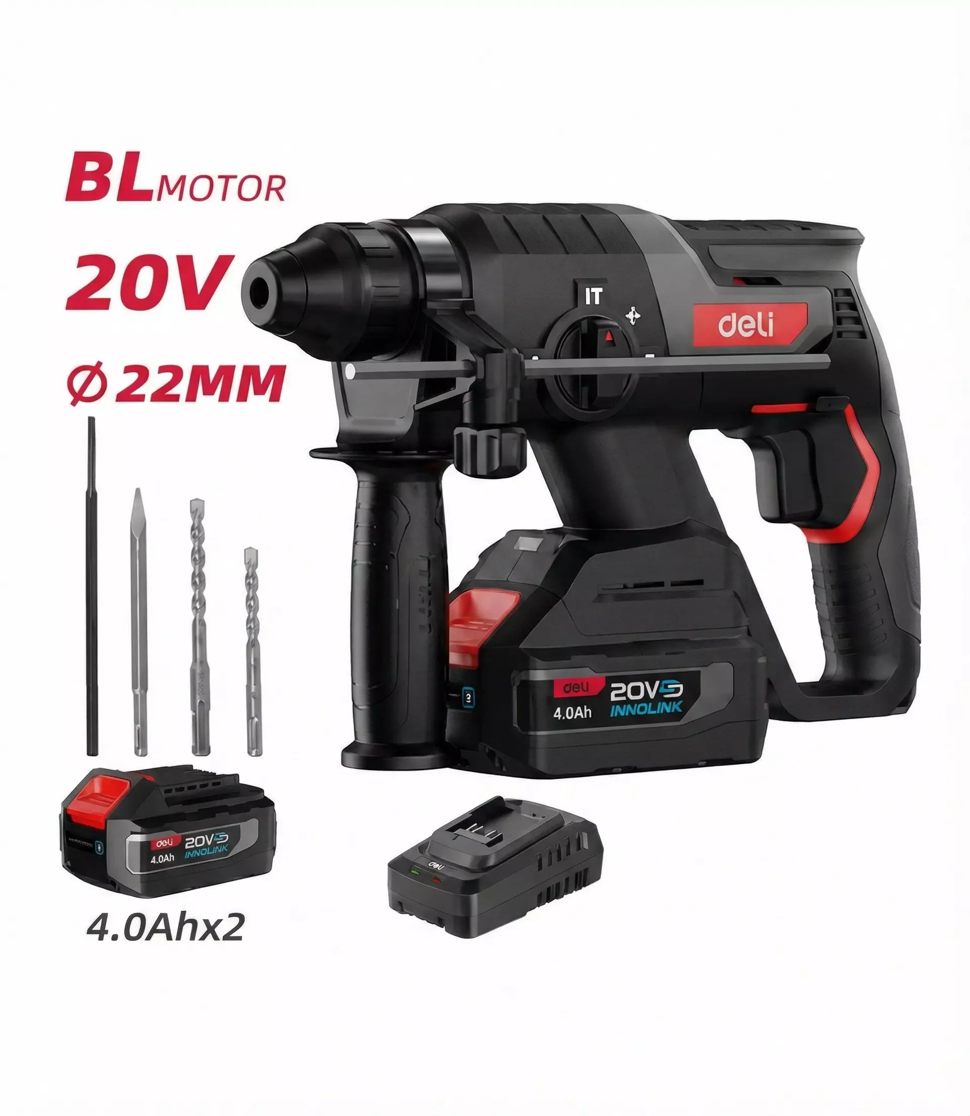 DELI Rotary Hammer with Bits & Charger 0-1350 RPM, 0-4750 BPM, 4.0 Ah *2 Battery, EDE-DC20-2D4