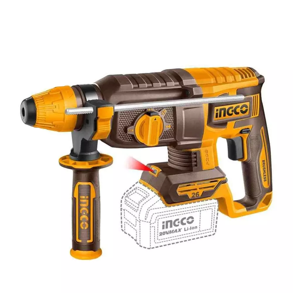 Ingco Cordless Rotary Hammer 0-1100 RPM Speed 0-5000 bpm Impact Rate Brushless Motor, CRHLI262085 (with Battery)