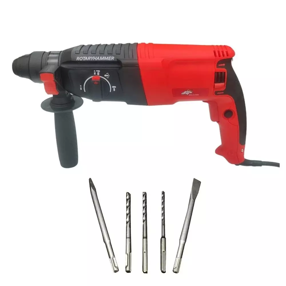 Red Horse 1250 W Rotary Hammer Drill 26 mm Drilling Diameter and 1100 RPM No Load Speed, RH-334 (With 2 Chisels and 3 Drill Bits)