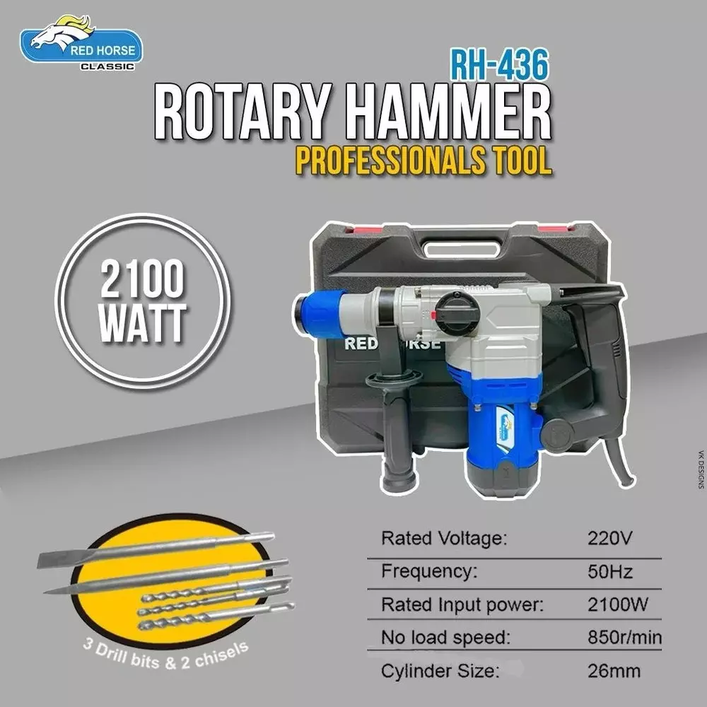 red-horse-2100-w-rotary-hammer-drill-26-mm-drilling-diameter-and-850-rpm-no-load-speed-rh-436-with-2-chisels-and-3-drill-bits